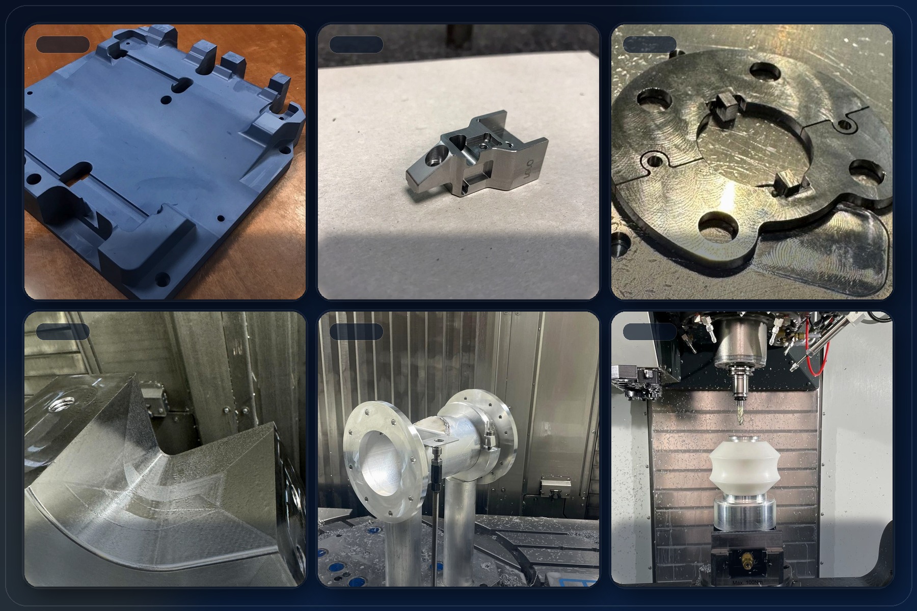 Premium 6-in-1 CNC Infinity Vision collage with selected workshop and machined part photos